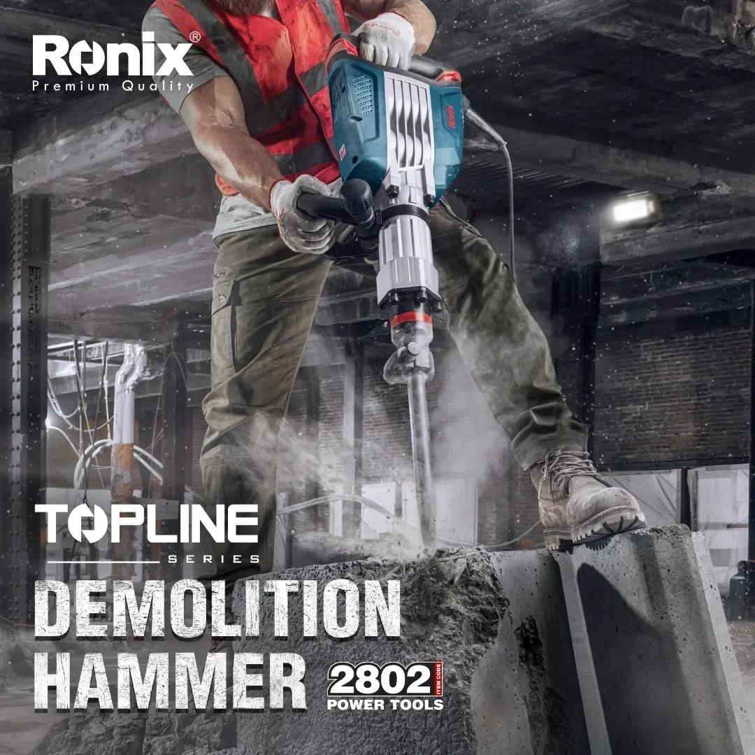 Ronix 1750W Broca de demolição 2802 Jack Hammer Disjuntor de concreto Martelo rotativo com broca de cinzel com estojo rígido de transporte