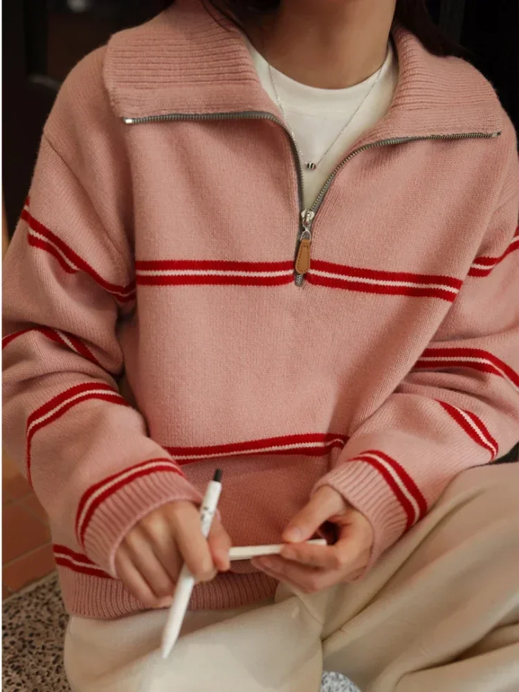 Zipper Striped Pink Sweater Retro Contrast Fashion Autumn/Winter Sweaters for Women 2024 LOOSE Grey Long Sleeve Knit Pullovers