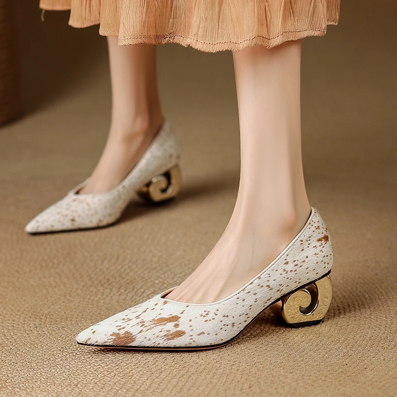 

Women's new leather sheepskin sprinkled with gold horsehair pointed gold-plated heel, spring and autumn high heels, work shoes