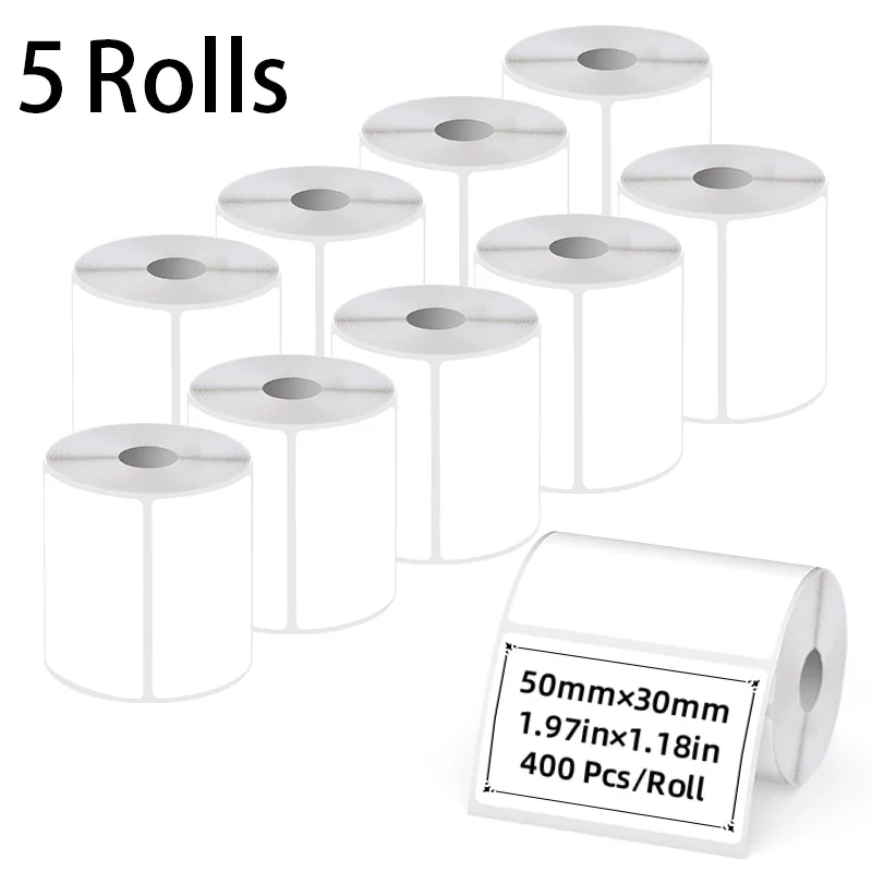 5 لفات من الملصقات الحرارية البيضاء ذاتية اللصق 50 × 30 مم، كل لفة تحتوي على 400 ملصقًا، تستخدم لتحديد العناصر، وتغليف الهدايا، والاستخدام المكتبي، ومتوافقة مع طابعات الملصقات الحرارية المحمولة M110/M221/M220/M120/M110S/M120/M110S/M200 #1