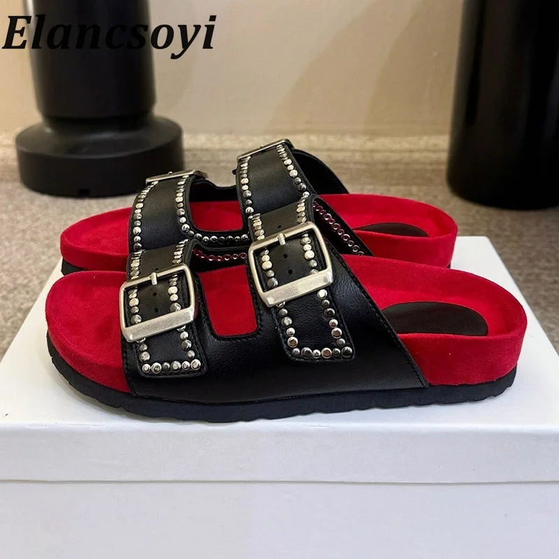Damen-Sandalen mit offener Zehenpartie, flacher Sohle, dickem Boden, Freizeitschuhe, Outdoor-Sandalen, Metallschnallen-Dekoration, Urlaubs- und Strandschuhe