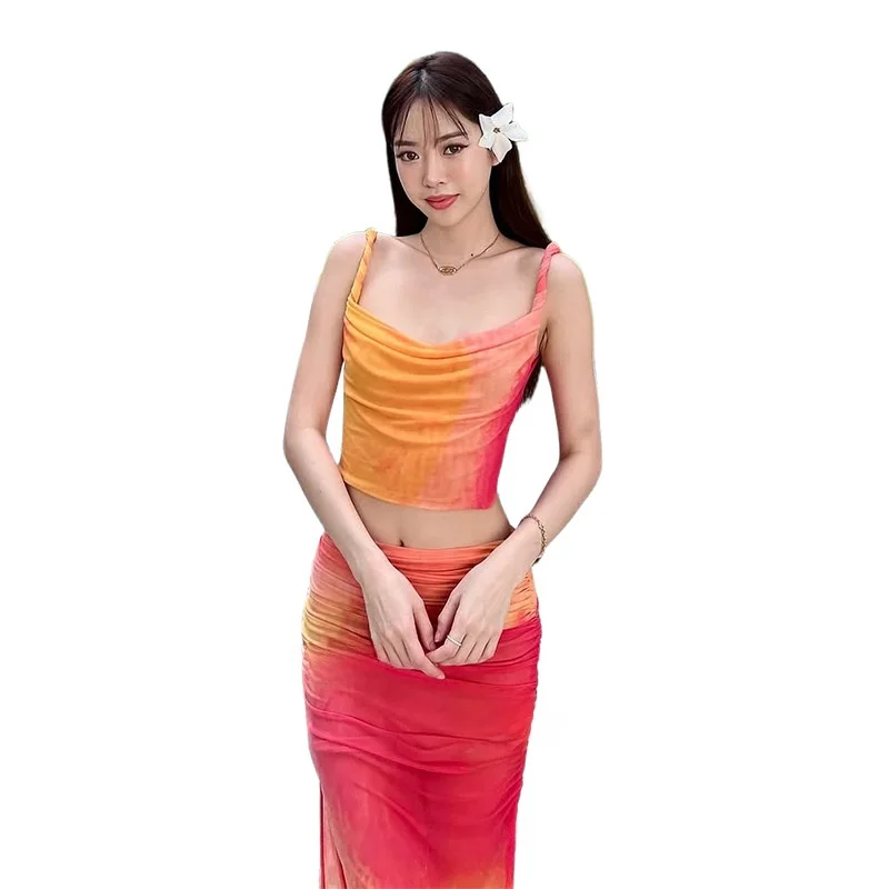 Printemps 2025 Sexy sangle gilet haute fente jupe longue femmes Faion transfrontalier Sle tricoté mince tissu haut tendance