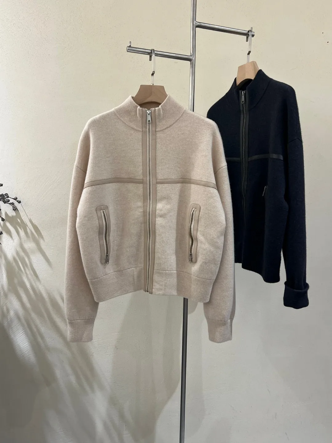 

New B*C Patchwork Sheepskin Stand-UP Collar Cashmere Zipper Cardigan Loose Knit Bottoming Shirt Autumn Winter Cashmere Sweater