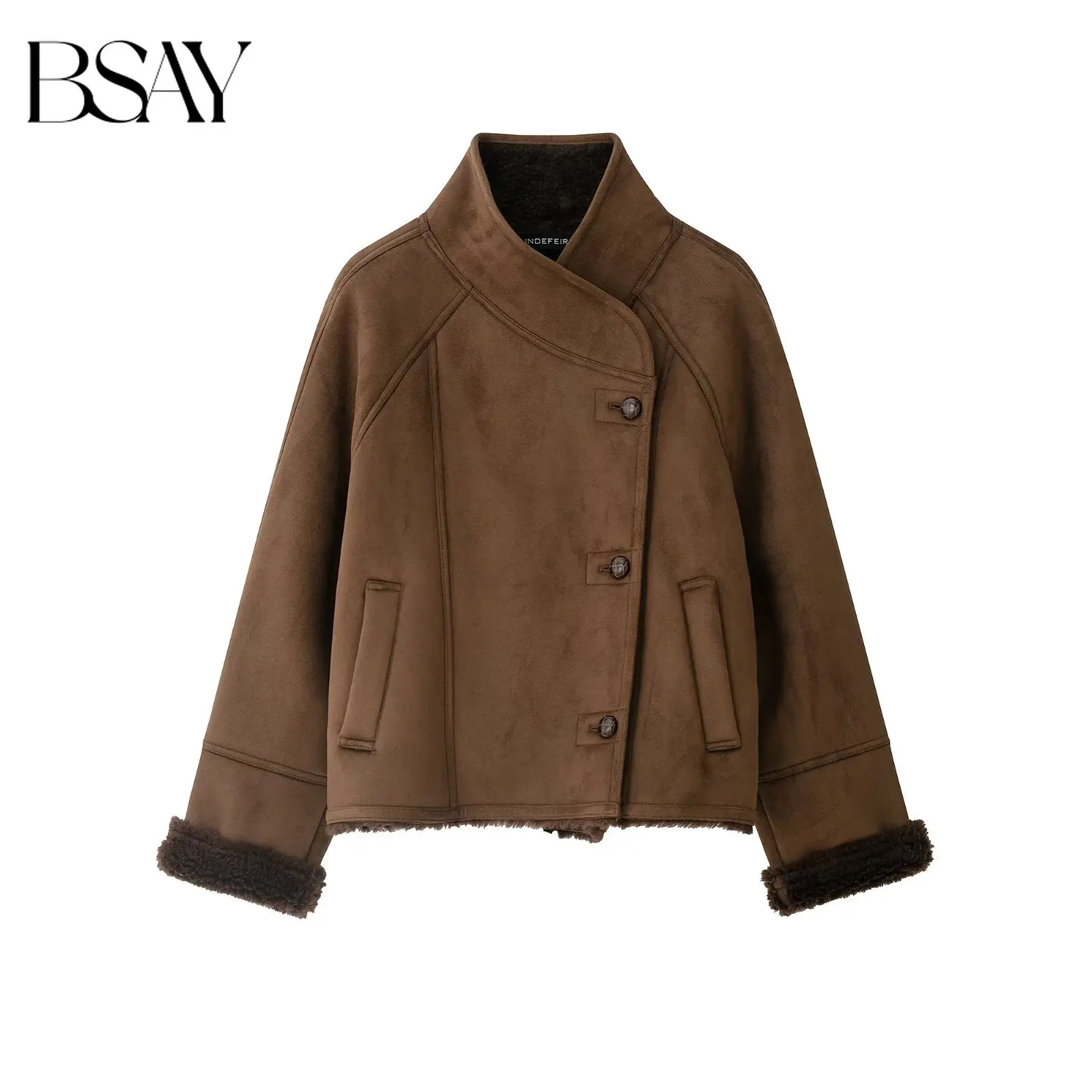 BSAY 2026 Women Faux Suede Short Jacket Stand Collar Asymmetric Button Textured Contrast Cuff Loose Brown Long Sleeve Outerwear