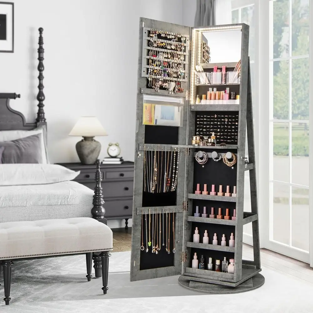 Stone Gray Lockable Jewelry Armoire with Full Length Mirror, Swivel Design, Interior Vanity Mirror, 3-Color Lights, and Rear Sto