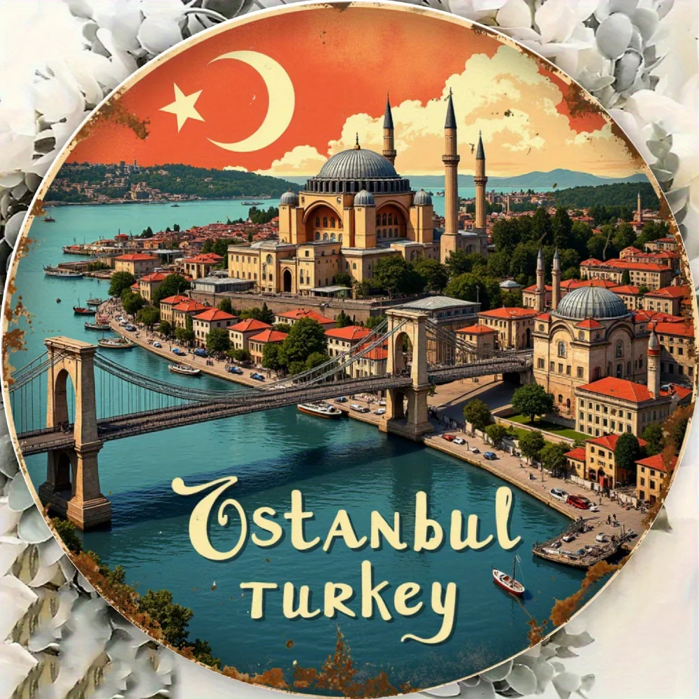 2D Flat, 2D Flat 20,07x20,07 cm runder Metallblech mit goldenem bedrucktem Istanbul-Türkischer Landschaftsdesign, geeignet für Zuhause D