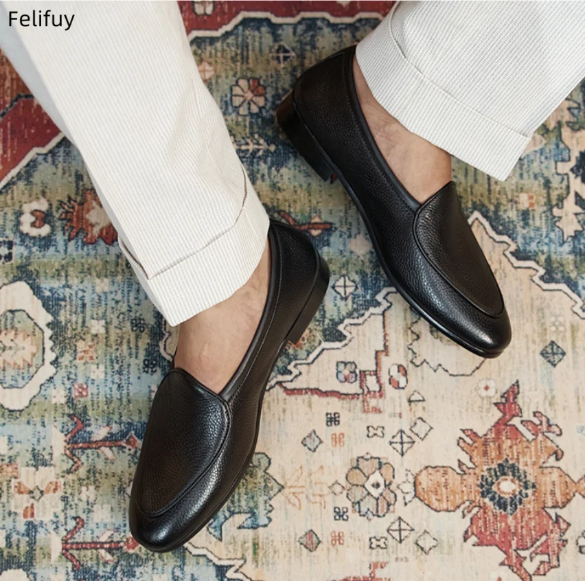 Black Casual Men's Slip-On Genuine Leather Shoes Spring 2026 British Fashion Low-Top round Toe Business Dress Daily Wear Shoes