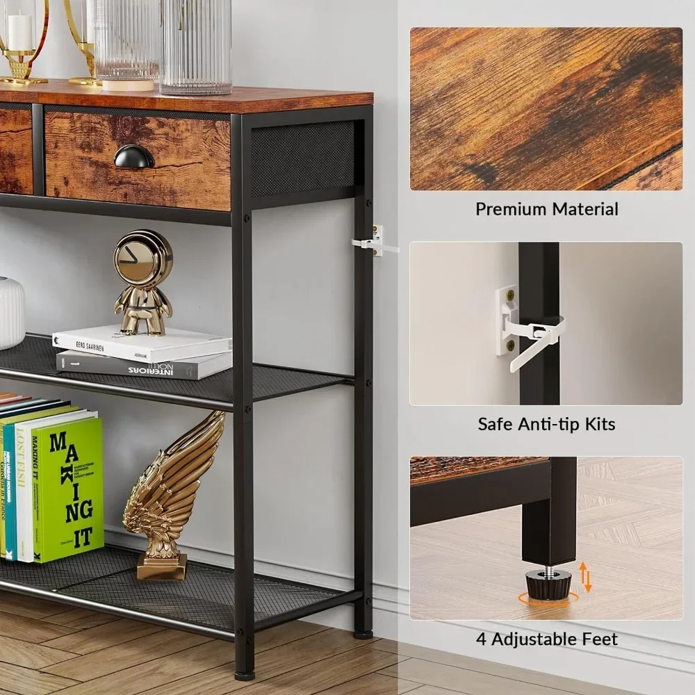 Entryway Table,38 Console Sofa Table with3Fabric Drawers,Industrial Entry Way Table with Storage Shelves, Display Shelf image 6