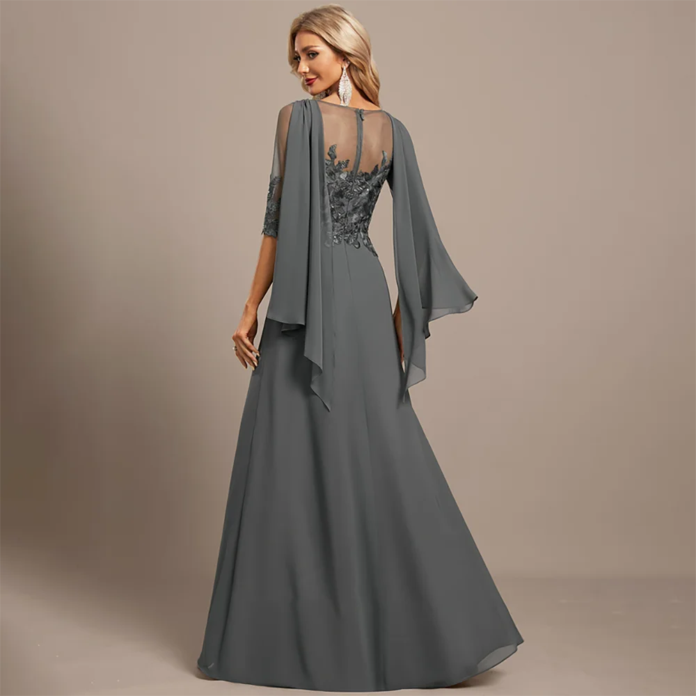 Customized Elegant Half Sleeves Chiffon Wedding Guest Dresses for Bridegroom Mother Lace Applique A-Line Evening Party Dresses