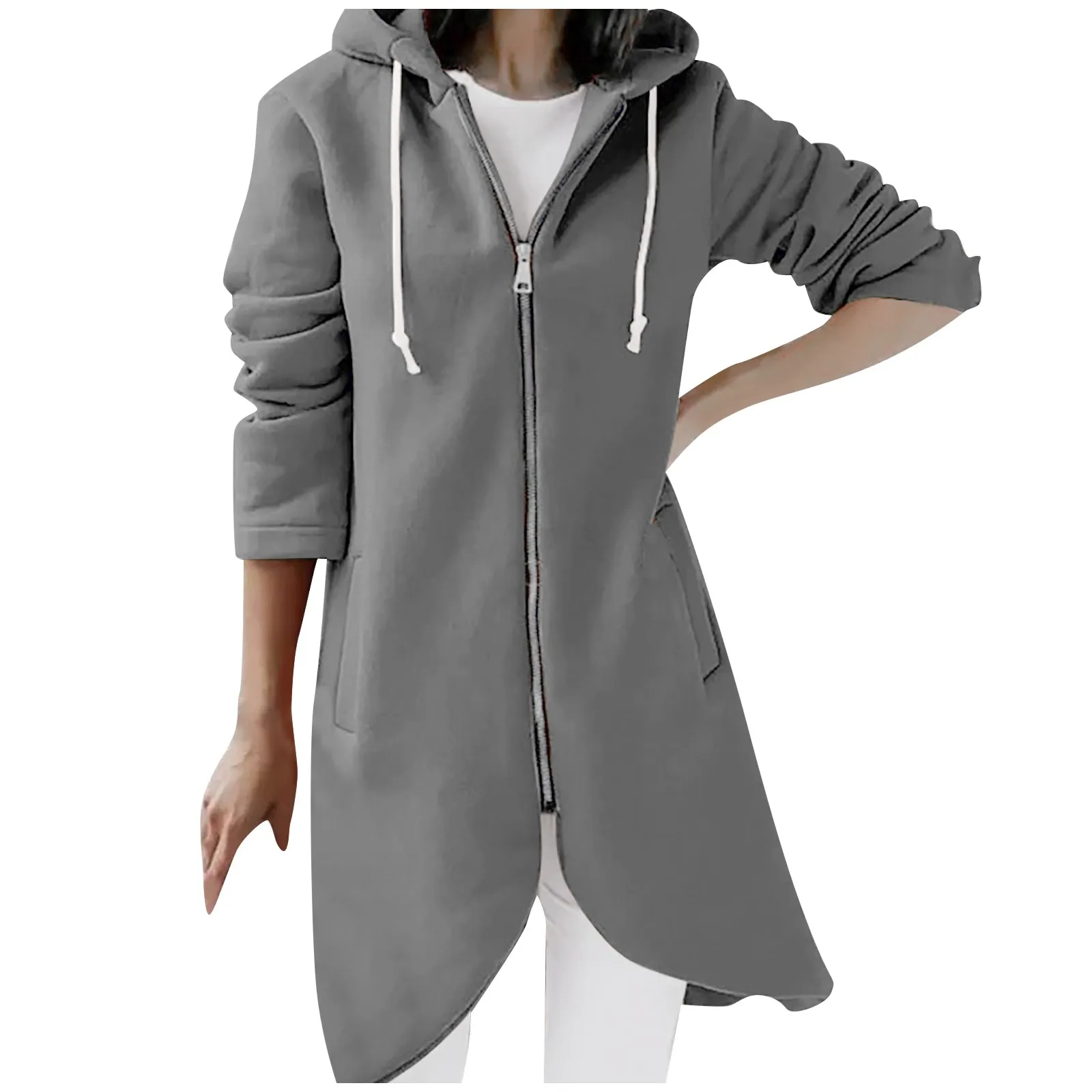 

Women Hoodie Jacket Zipper Winter Overcoat Plus Size Fleece Long Sleeve Hooded Cap Coat Elegant Irregular Coat Hem Outerwear