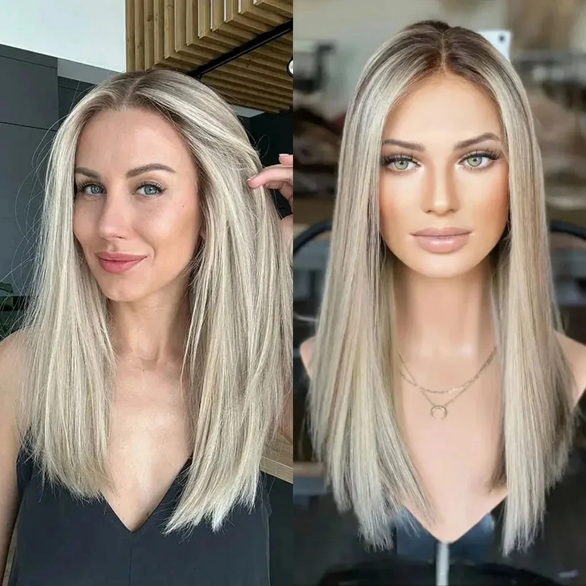 White Platinum Blonde Synthetic Lace Top Wigs With Dark Roots Natural Straight Soft Middle Parting Glueless Women's Wig Daily 18