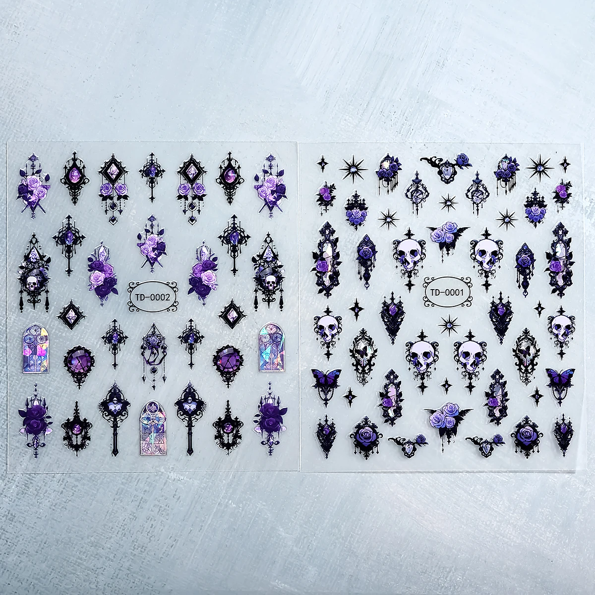 2pcs 3D Black Purple Halloween Nail Stickers Gothic Skull Rose Butterfly Nail Decals for Festival Nail Decor Manicure Sliders