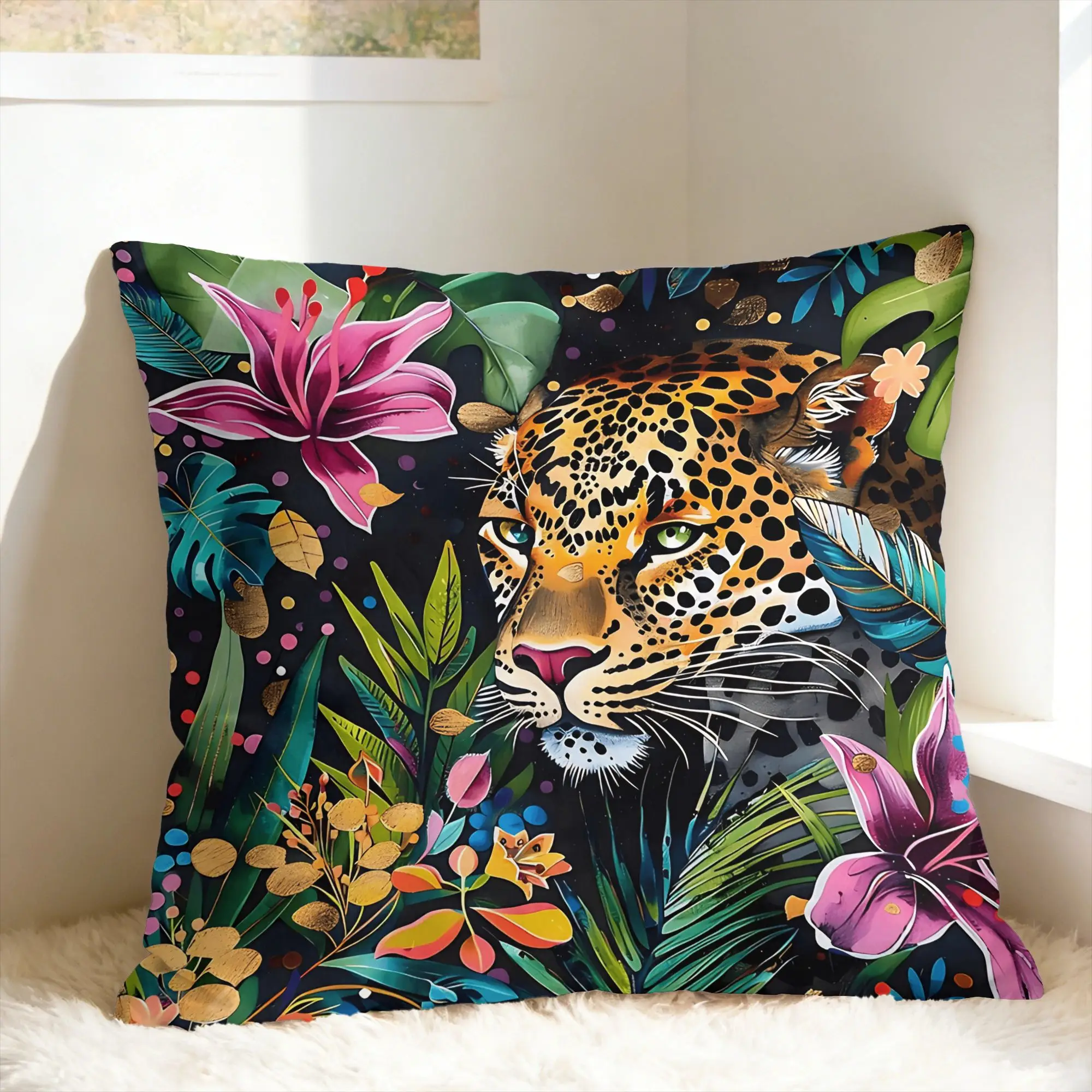 Leopard & Tropical Floral Pillow Case  Soft Pillow Cover Cute Funny Pillowcases For Office Car Home Decor