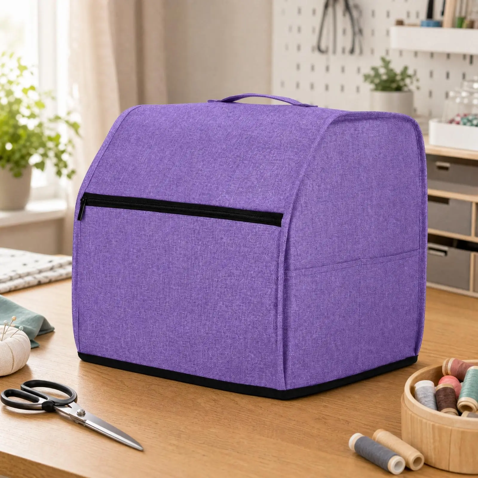 Purple Sewing Machine Cover with Zippered Pocket and Side Storage Fits Most Small Compact Machine Models