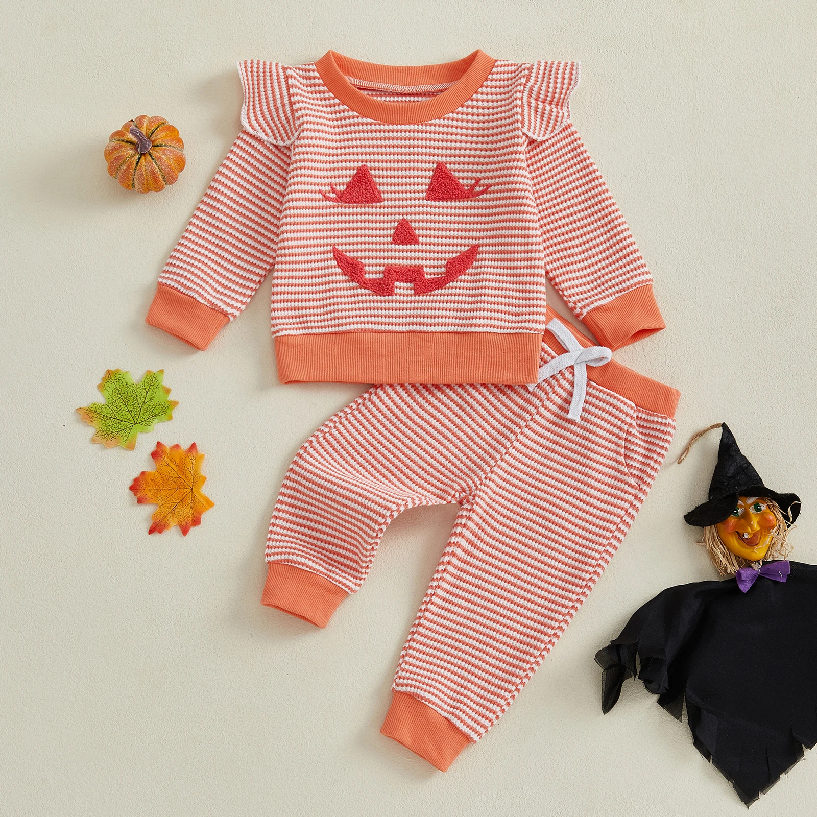 FOCUSNORM 0-4Y الصغار الفتيات ملابس الهالوين مجموعات اليقطين التطريز شريط طباعة طاقم الرقبة طويلة الأكمام الهراء القمم السراويل