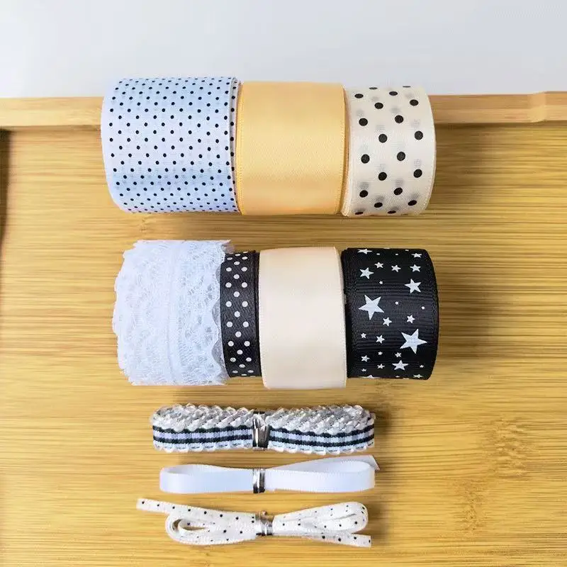 10-teiliges Set aus schwarz-weiß gepunkteten und sternförmigen Spitzenbändern, Geschenkverpackung für Bars, DIY-Verpackung, Hängematerial-Paket – Detail 5