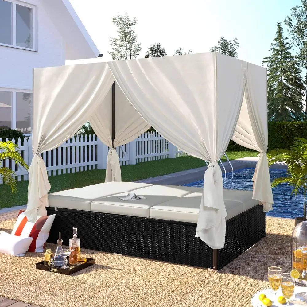 

Retractable Beige Cushion Outdoor Daybed, Wicker Lounger for Garden, Poolside Relaxation