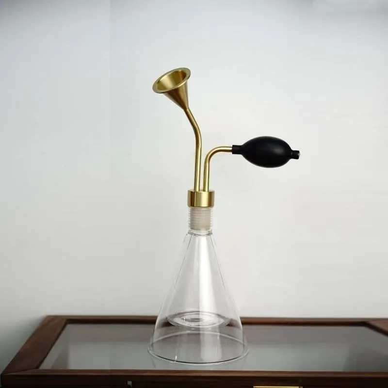 Brass Funnel Glass Aroma Sniffing Bottle, Conical Clear Glass Vessel with Press Air Bulb for Coffee Tea Wine Fragrance Tasting