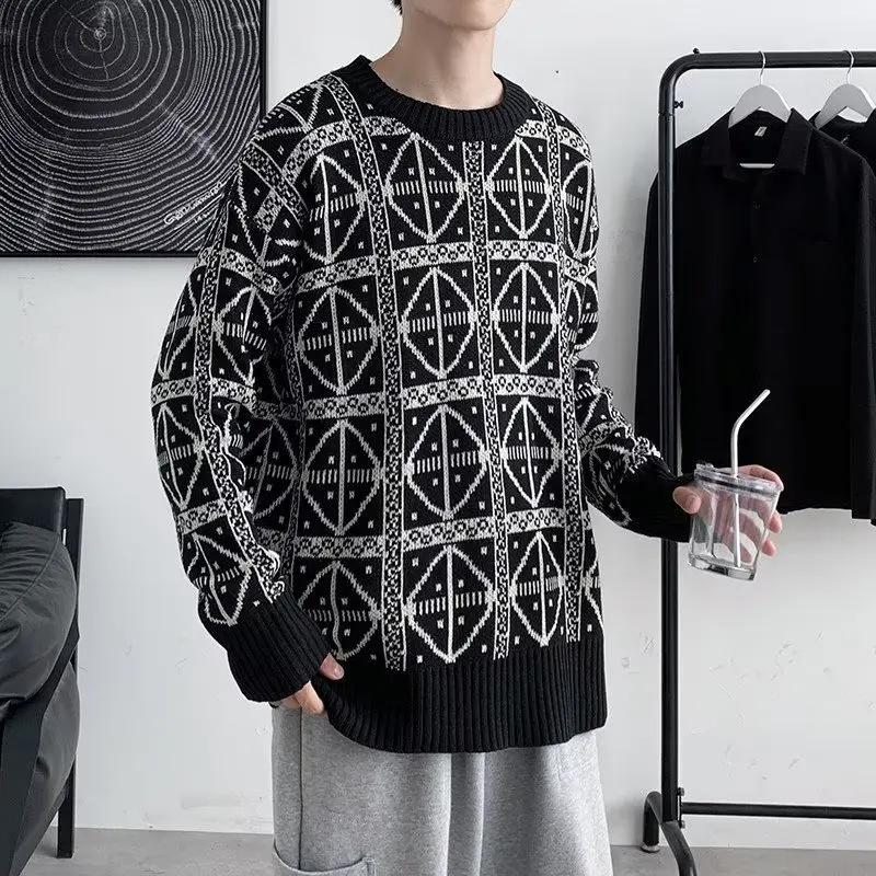 Fashion Brand Design Feeling Round-neck Sweater Men\'s Autumn and Winter High Street Lazy Trend Loose Pullover Jacquard Sweater