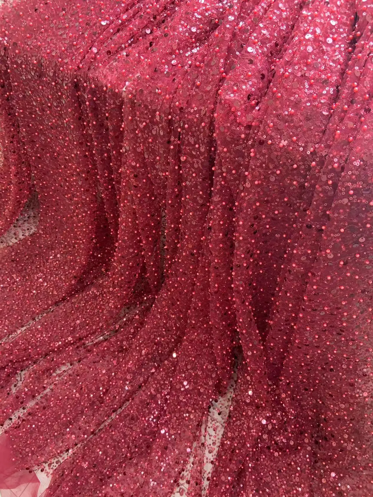 Wine Red Sequins Pearl  Beads Tulle Lace Fabric for Haute Couture,Wedding Dress,Blue Skirt Supplies,Purple Clothing Crafts