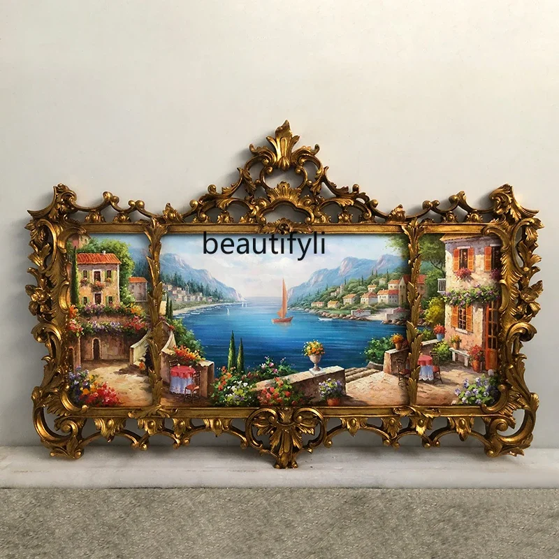 

French retro hand-painted oil painting European-style villa living room entrance painting wall hanging fireplace carving4446