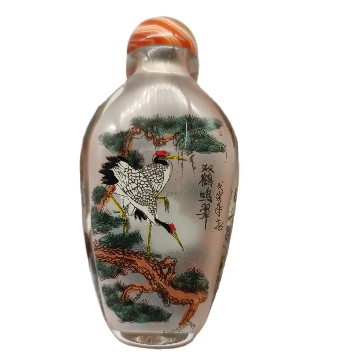 chinese inside painted glass snuff bottle reverse inside painting Pine crane gifts snuffbox peking christmas collect