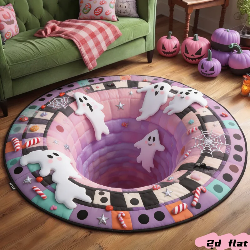 Cute Spooky Halloween Floor Rug Round Optical Illusion Pastel Vortex Ghost Candy Cane Spider Web Rug for  Space Home  Rug