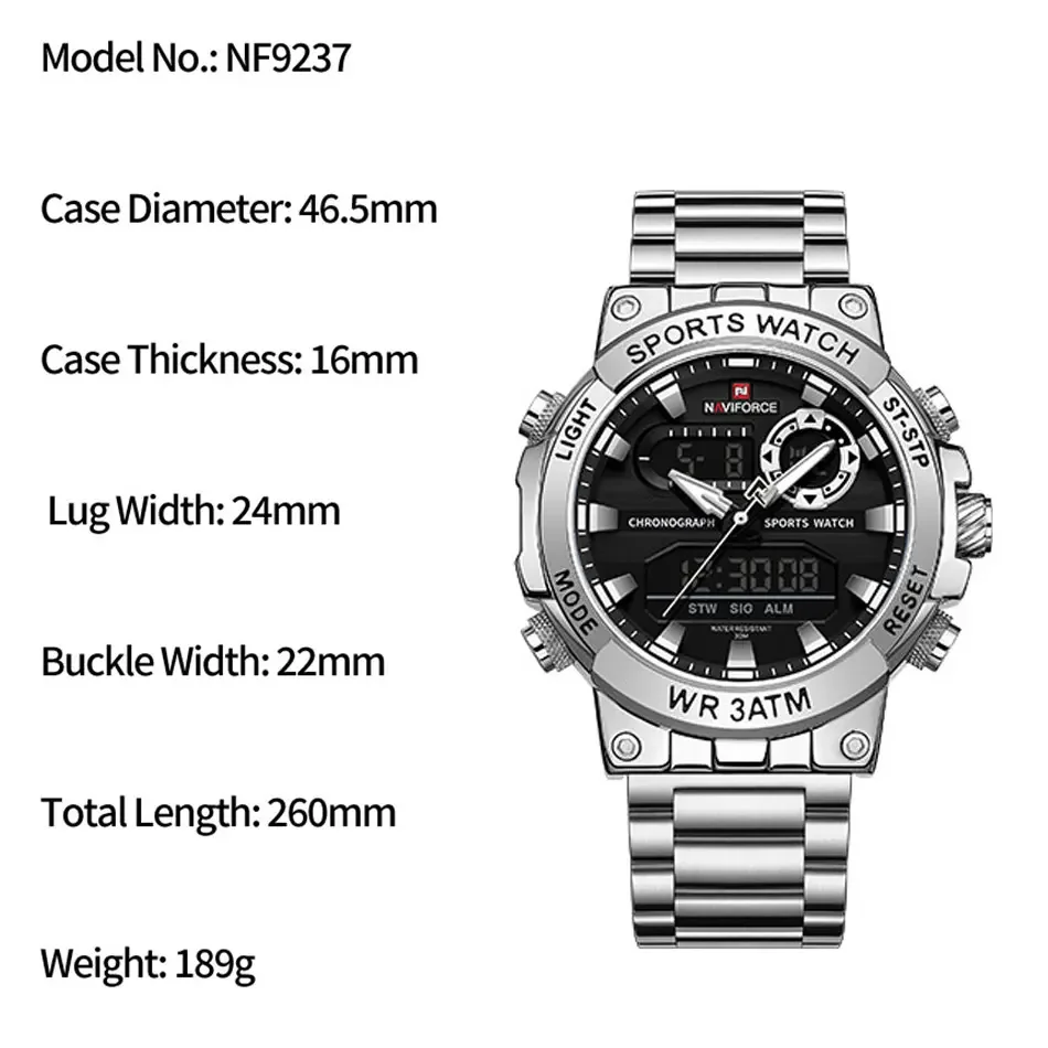 NAVIFORCE Men's Watch Fashion Sport Watches Stainless Steel Strap Men Watches Stopwatch Dual Time Display Waterproof Wristwatch