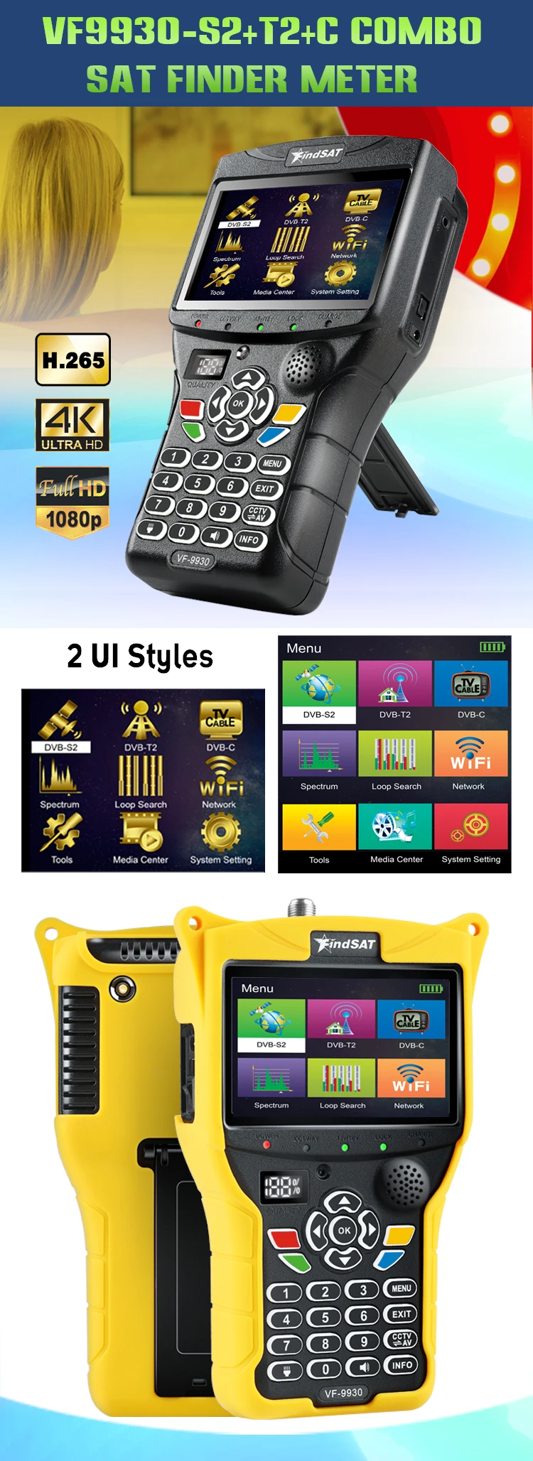 Findsat VF-9930 مكتشف اختياري CCTV DVB-S2/T2 MPEG4 H.265 الأقمار الصناعية مكتشف VF9930 HD Satfinder متر إشارة اختبار 4.3 بوصة LCD