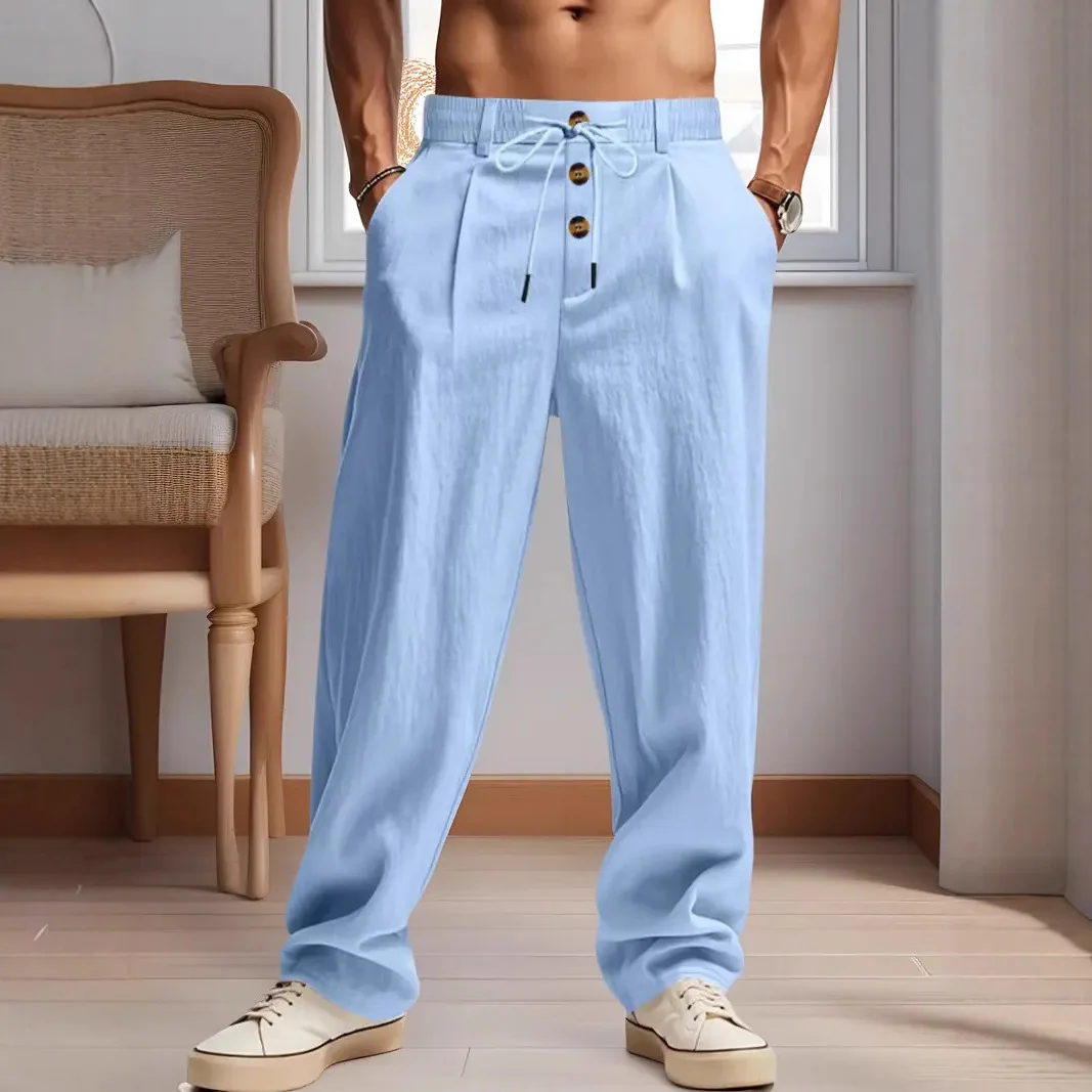 Men's Cotton Linen Long Pants Summer Solid Color Breathable Linen Trousers Male Casual Elastic Waist Casual Pants Man ﻿