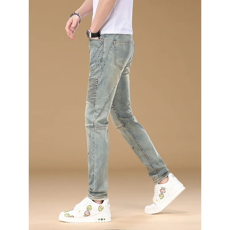 

Новинка 2023 года, джинсы в стиле ретро, мужские модные уличные джинсы с морщинами, облегающие модные брендовые мотоциклетные эластичные брюки с небольшой ногой