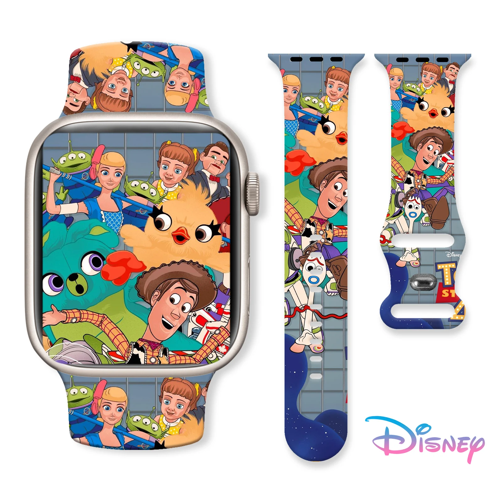 Pulseira impressa Disney Toy Story para Apple Watch, pulseira esportiva de silicone, pulseira substituível para iWatch, 9, 8, 7, SE, 45mm, 44mm, 42mm, 41mm