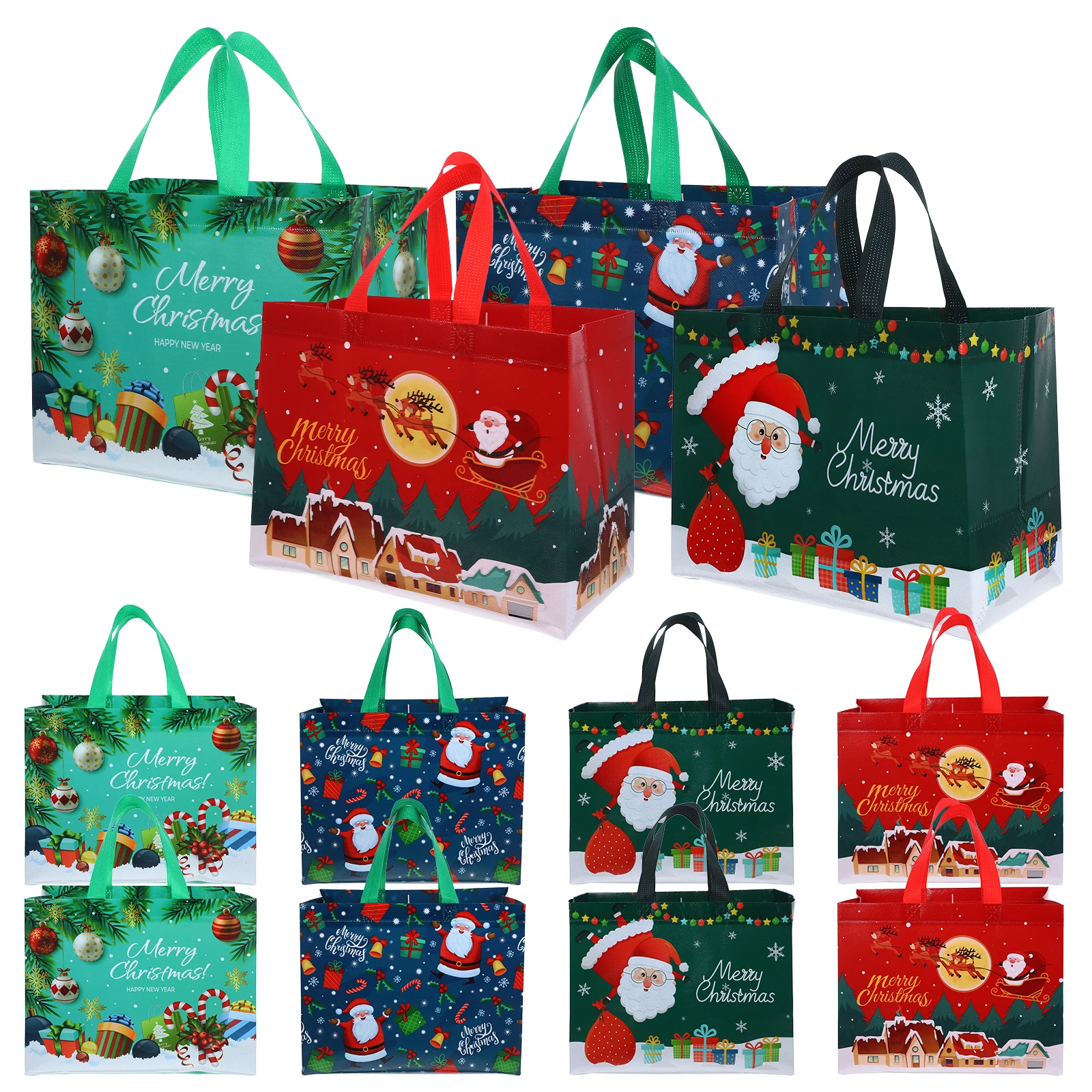 

12 pcs Party Gift Bags Christmas Themed Non-Woven Tote Medium Present Carrier Reusable Festival Candy Bag Xmas Shopping Pouch