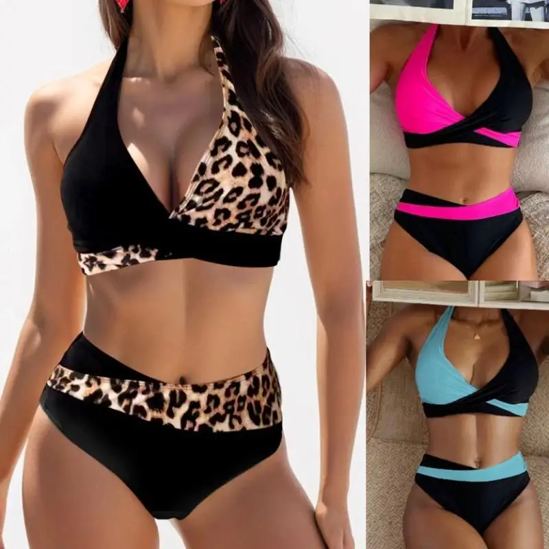 

New Sexy Backless Bikini Cross Strap Color Collision Swimwear Women Split Bikini Set Two Pieces Bathing Suit Beachwear Swimsuit