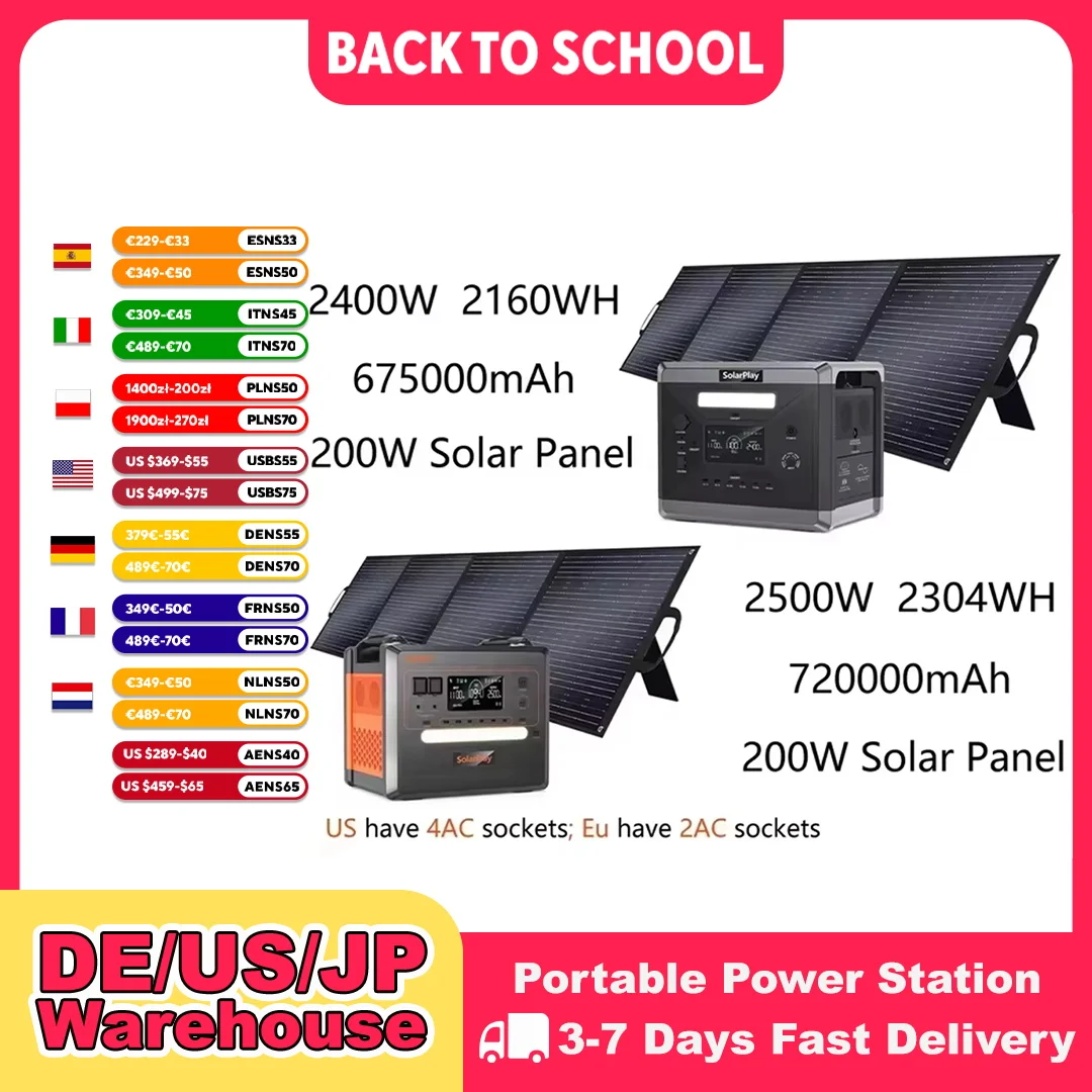 Solargenerator 2160WH 2304WH Langlebiges tragbares LiFePO4-Kraftwerk und 200-W-Solarpanel für Heimcamper bis zu 2400 W Ausgang