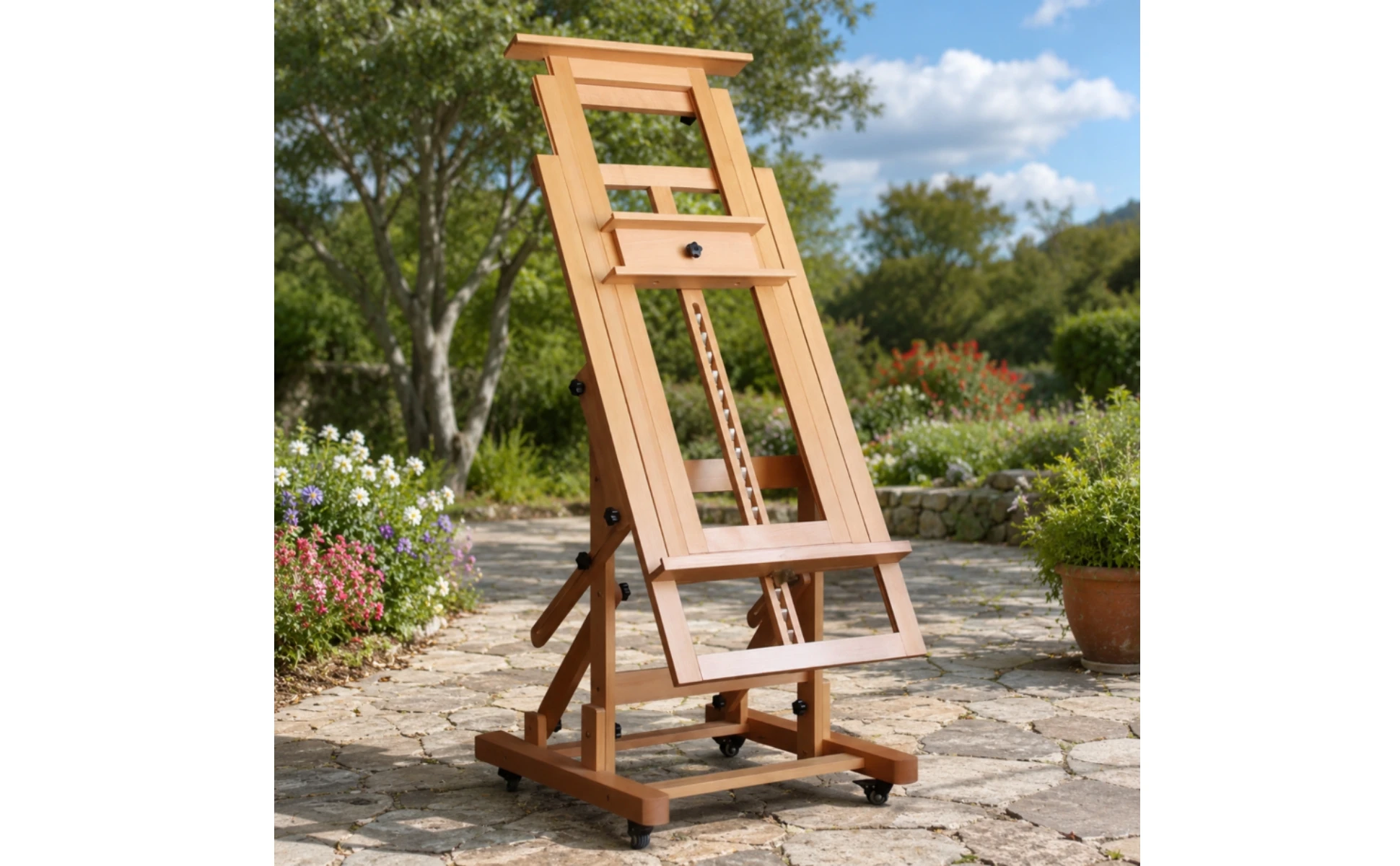 Rolling Studio Easel Horizontal and Vertical Adjustable Large Easel Art Supplies Solid Wood Wheeled for Artists, Gallery Display