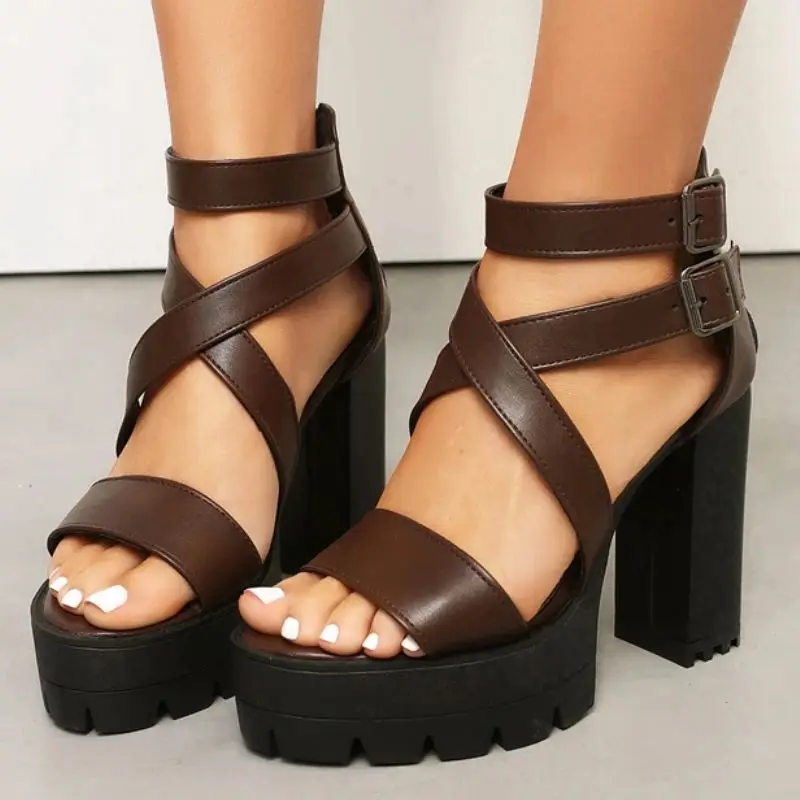 Korean Style Fine Belt Leather Buckle High Heel Sandals Nightclub 12cm High Roman Style Shallow Fish Mouth Women's Summer Shoe