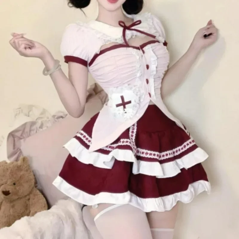 Cute Ruffles Cake Skirt Kawaii Lolita Cosplay Costume 2 Piece Set 2025 Korean Fashion Summer Sweet Women Party Sexy Y2k Crop Top