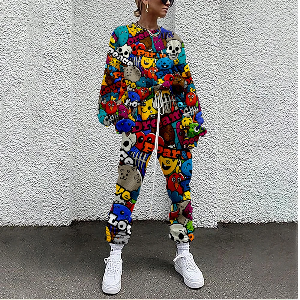 Women Tracksuit Painted Graffiti Print 2 Piece Outfit Sweatshirt+Straight Sweatpants Matching Set Fitness Sporty Streetwear