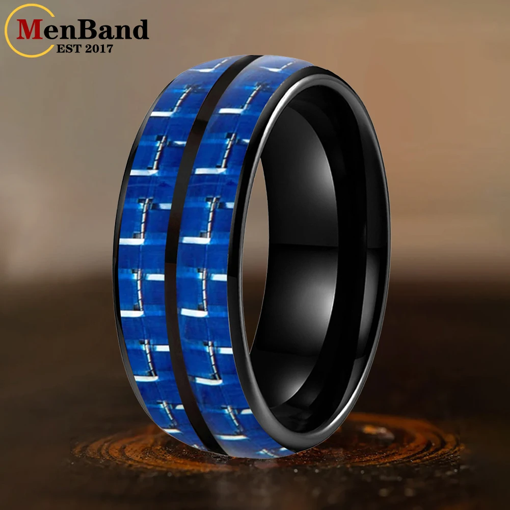 MenBand 6/8mm Domed Double Groove Blue White Carbon Fiber Inlay Tungsten Ring for Men Women Fashion Engagement Wedding Band