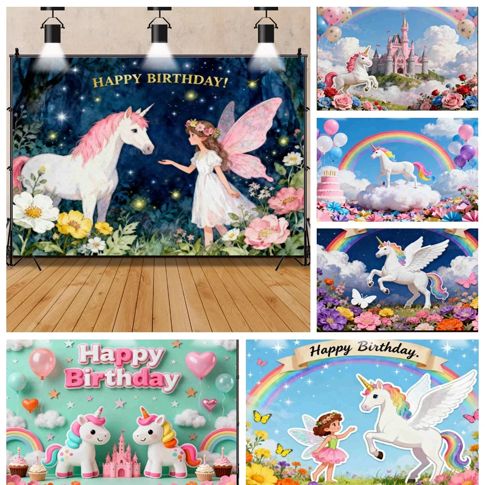 

Unicorn Fairy with Pink Castle Rainbow Happy Birthday Backdrop for Girls Party Photo Booth Background Decor Photography Props