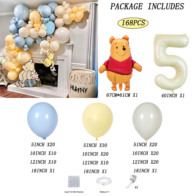 168 Uds. Globos de Winnie The Pooh de dibujos animados de Disney, arco de guirnalda, globo de aluminio con números de 40 pulgadas para cumpleaños, boda, fiesta reveladora de género