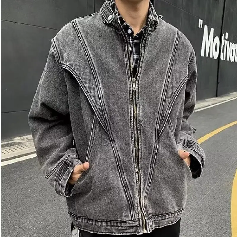 

Мужская джинсовая куртка в стиле ретро, повседневная рабочая одежда, с декоративной молнией, из полиэфирного волокна, длинный рукав, верхняя одежда