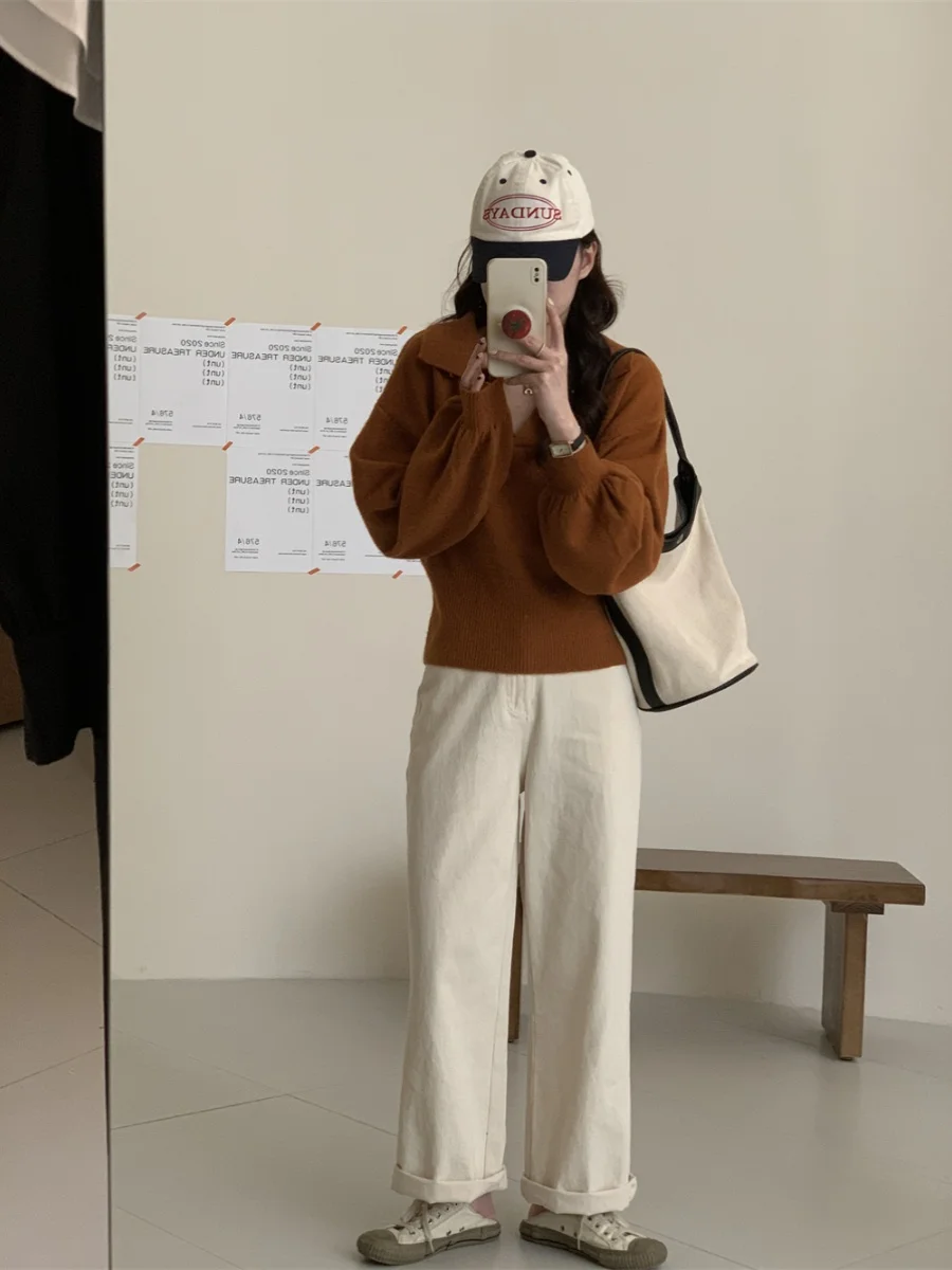 Heavyweight  Collar Knitwear Loose Women's Turn-down Collar Sweater Pure Color Outerwear Comfortable Straight-cut Sle