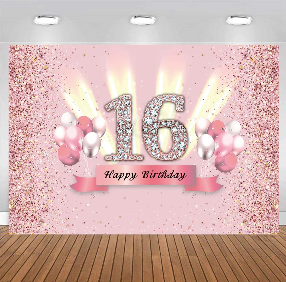 

Pink 16th Backdrop For Girls Happy Birthday Party Boy Sixteen Years Photography Background Photocall Photo Banner