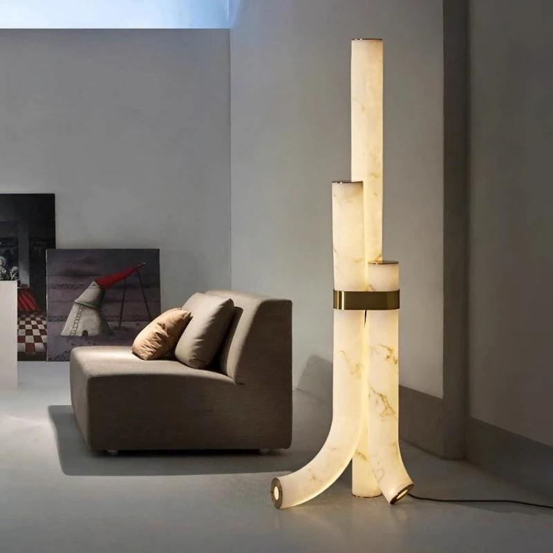 

Spain Gold Wrought Iron LED Floor Lamp Long Tube Imitation Marble Lampshade Living Room Bedroom Restaurant Office Standing Light