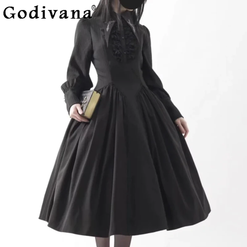 

New Spring Autumn Fashion Versatile Lolita Dark Gothic Dresses Long Sleeve Halloween Black High Waist A-line Princess Dress
