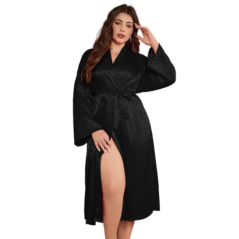 Sexy Simulation Silk Long Nightgown Casual Thin  Ice Silk Printed Homewear Pajamas Simple Cardigan Lace Up Bathrobe for Women's