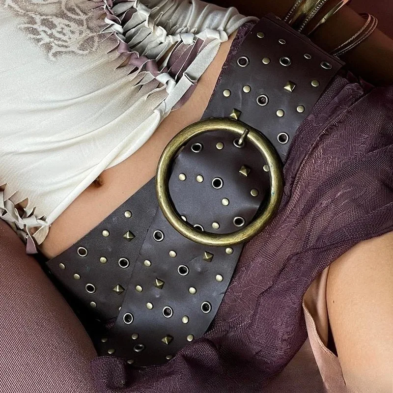 ريترو ستايل برشام الخصر الختم تنوعا البرونزية جولة مشبك حزام عريض فتاة الساخنة الديكور الشارع أزياء مطابقة السيدات العصرية