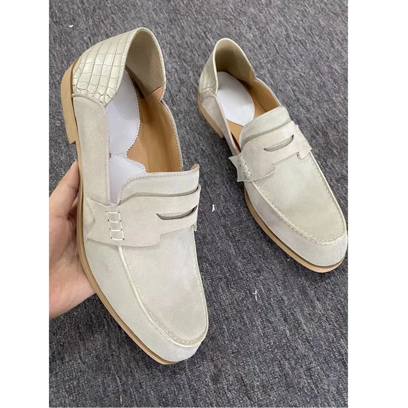 

New Fashion Beige Men Suede Loafers High Quality Leather Casual Shoes For Mens Slip On Flats Boat Shoes Free Shipping